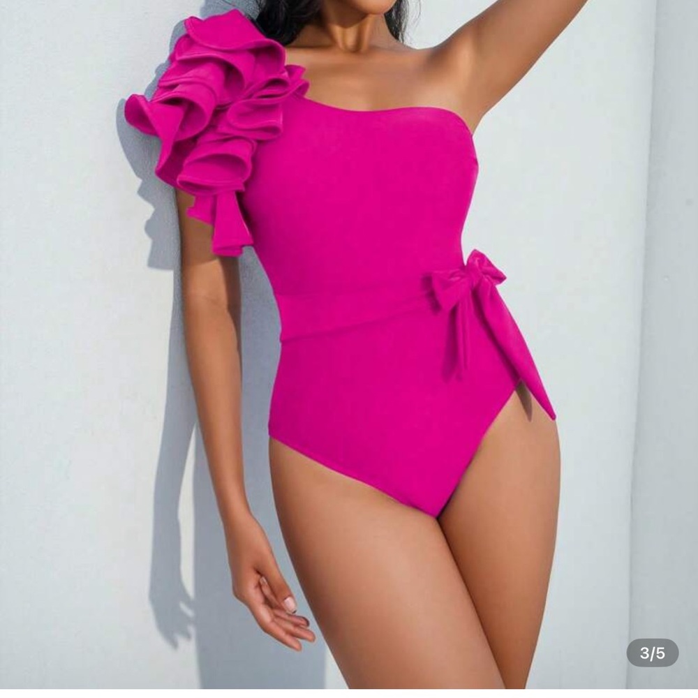 Pink Ruffled One-Shoulder Bikini Set - Picture 2 of 5
